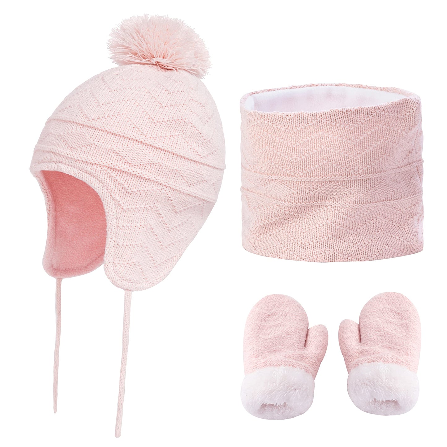 Kids Hat Scarf & Gloves Set Knitted Lined Pom-Pom Snood – Pink S