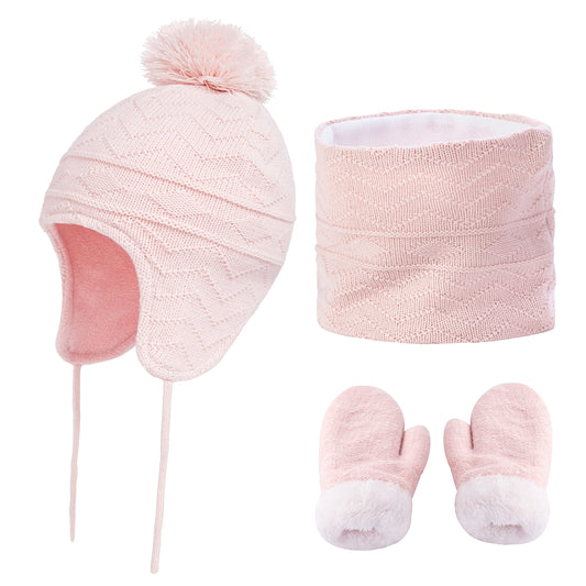 Kids Hat Scarf & Gloves Set Knitted Lined Pom-Pom Snood – Pink S