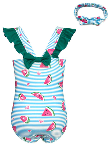 Girls' One-Piece Swimsuit Ruffle Print with Headband – Watermelon 3-4 yrs