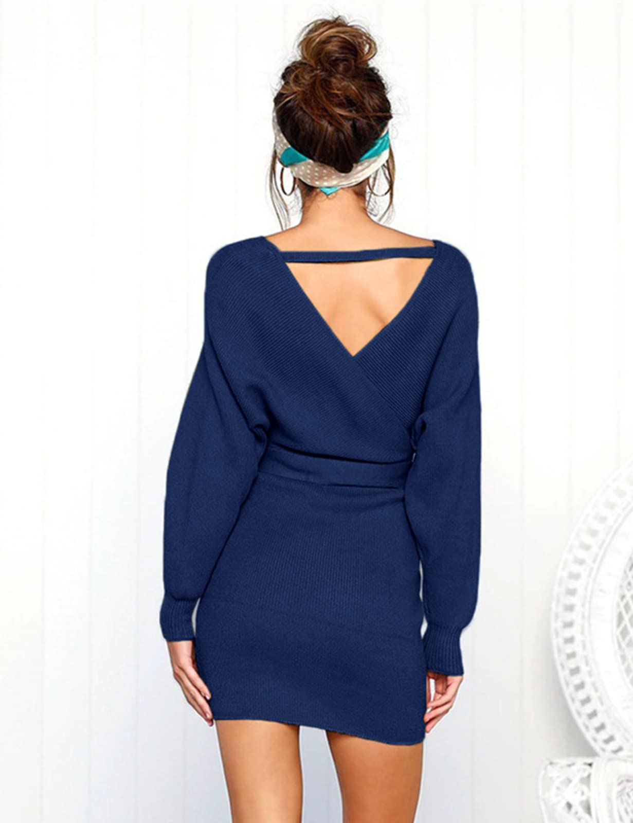 Vancavoo knitted dress women's sweater dress V-neck elegant long-sleeved sweater winter dress knitted sweater dress bodycon