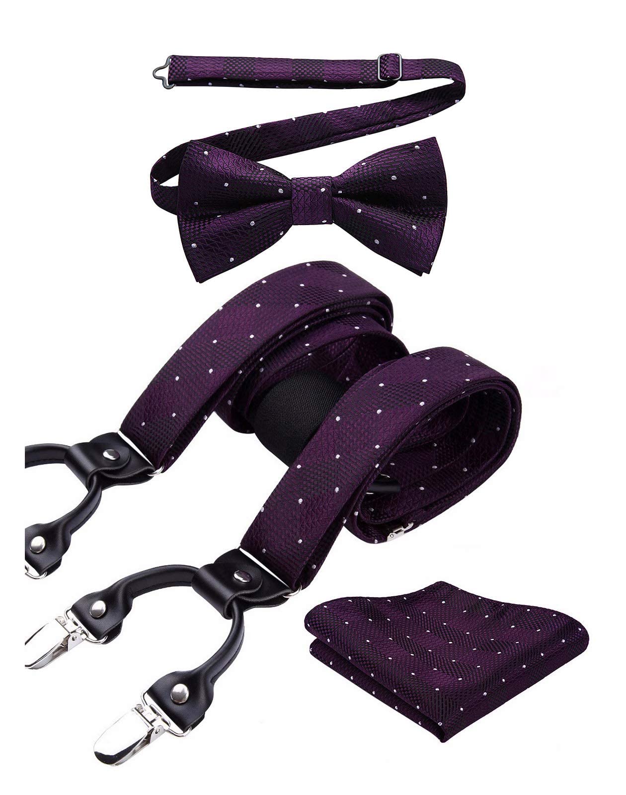 Men's suspenders set with purple bow tie Y-shape adjustable 3.5cm wide elastic with 6 clips - Purple
