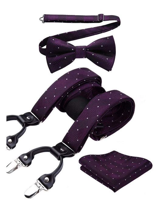 Men's suspenders set with purple bow tie Y-shape adjustable 3.5cm wide elastic with 6 clips - Purple