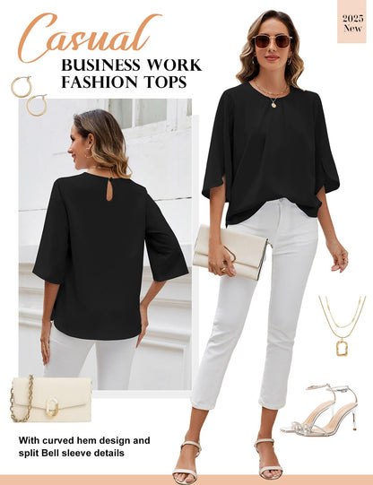 Women's 3/4 Sleeve Chiffon Blouse Crew Neck Split Sleeve – Black XXL