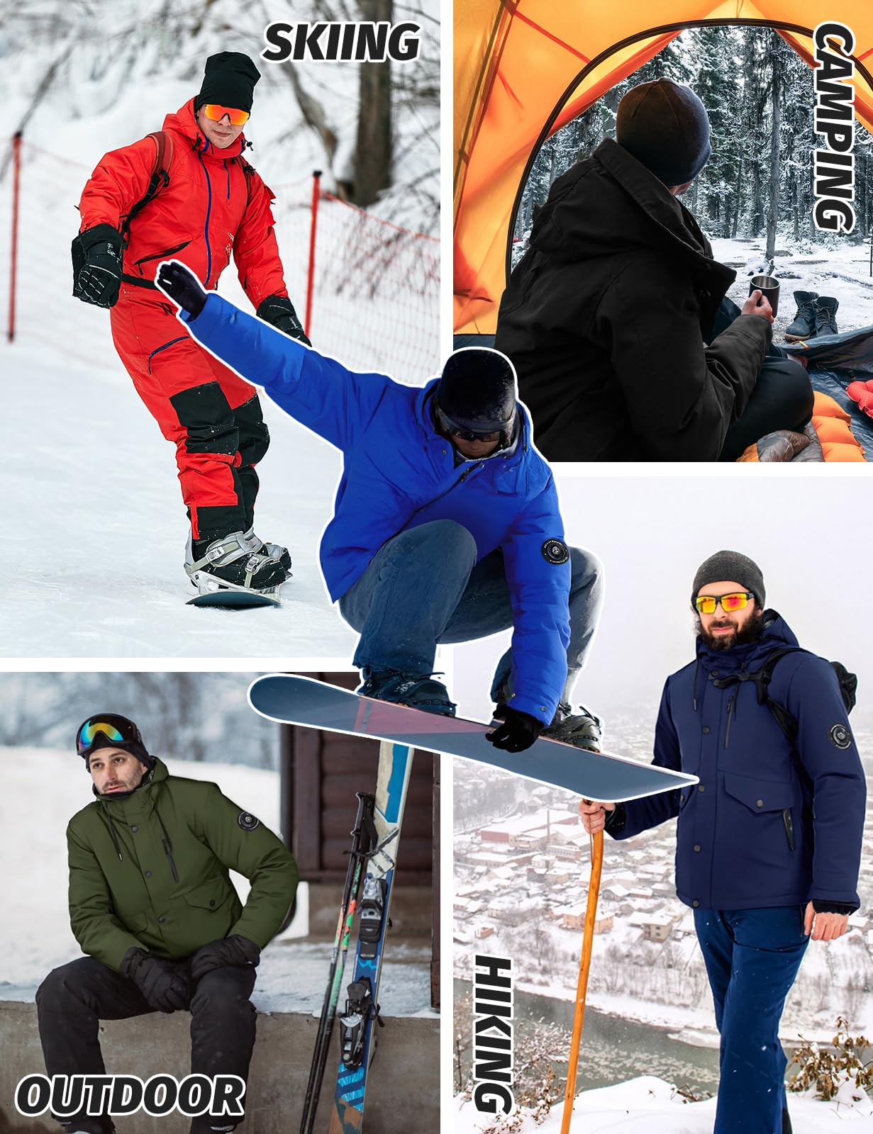 Men's Waterproof Winter Ski Jacket Thermal Windproof with Detachable Hood