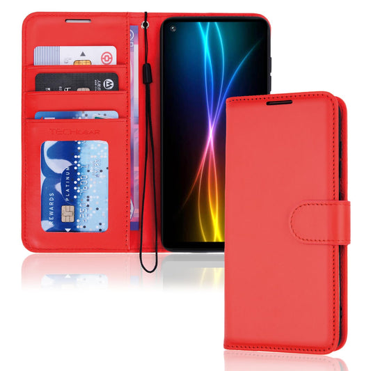 Samsung Galaxy A21s Leather Wallet Case with Card Slots & Wrist Strap – Red