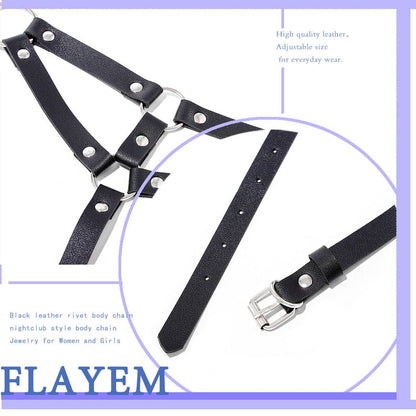 Leather Body Chain Bust Strap Bra Body Harness - Black