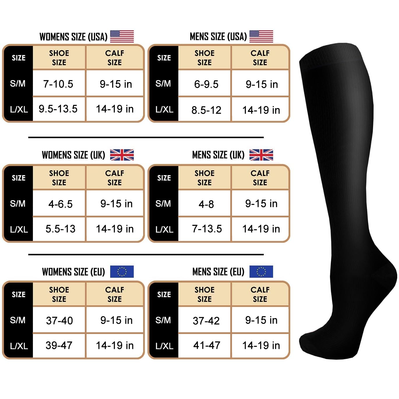 Compression Socks for Men and Women Sports Support Socks for Running, Travel, Nursing – Black L-XL