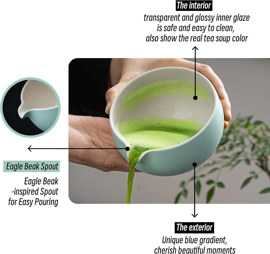 TEANAGOO japāņu keramikas matcha bļoda, zila-balta, ar slotiņas turētāju