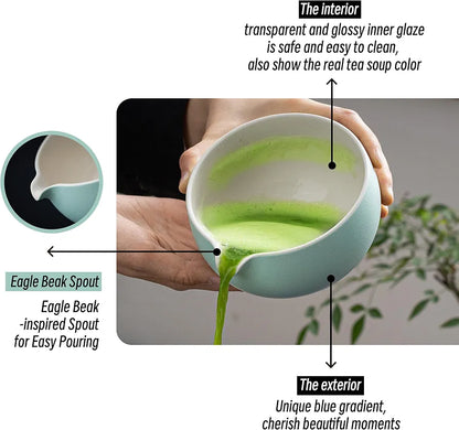 TEANAGOO japāņu keramikas matcha bļoda, zila-balta, ar slotiņas turētāju