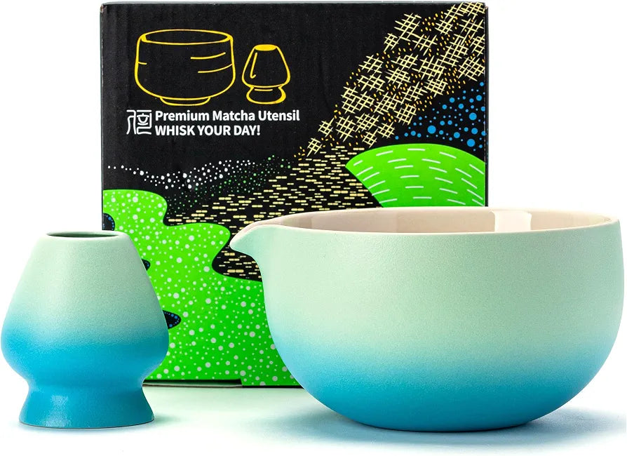 TEANAGOO japāņu keramikas matcha bļoda, zila-balta, ar slotiņas turētāju