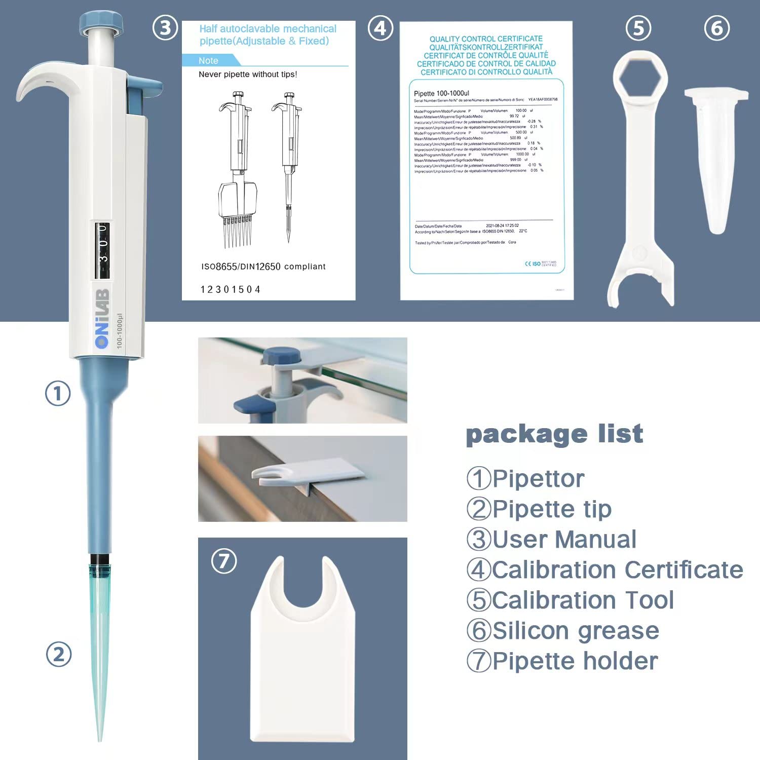 ONiLAB 1000-5000μl Laboratory Single Channel Pipette Scientific Laboratory Micropipette Manual Adjustable Volume, High