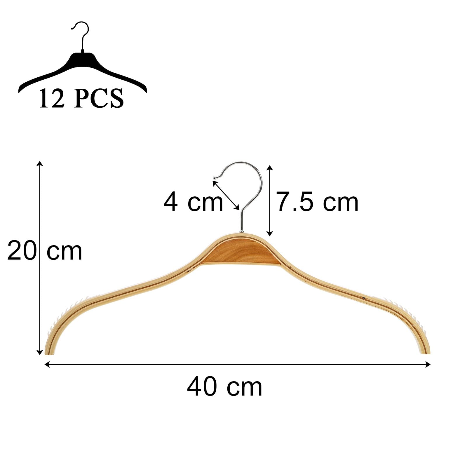 Tebery Pack of 12 wooden coat hangers, non-slip, space-saving wardrobe hangers for trousers, skirts, shirts, suits, 360°