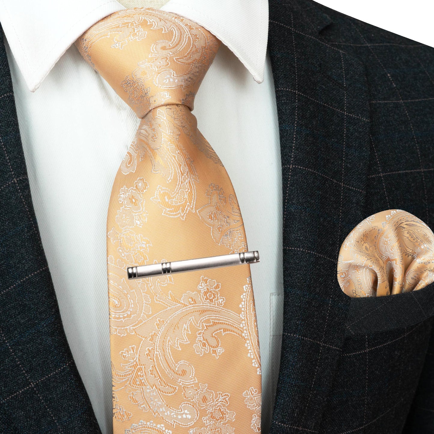Men’s Paisley Tie Set with Tie Clip & Pocket Square – Grass Yellow/Apricot