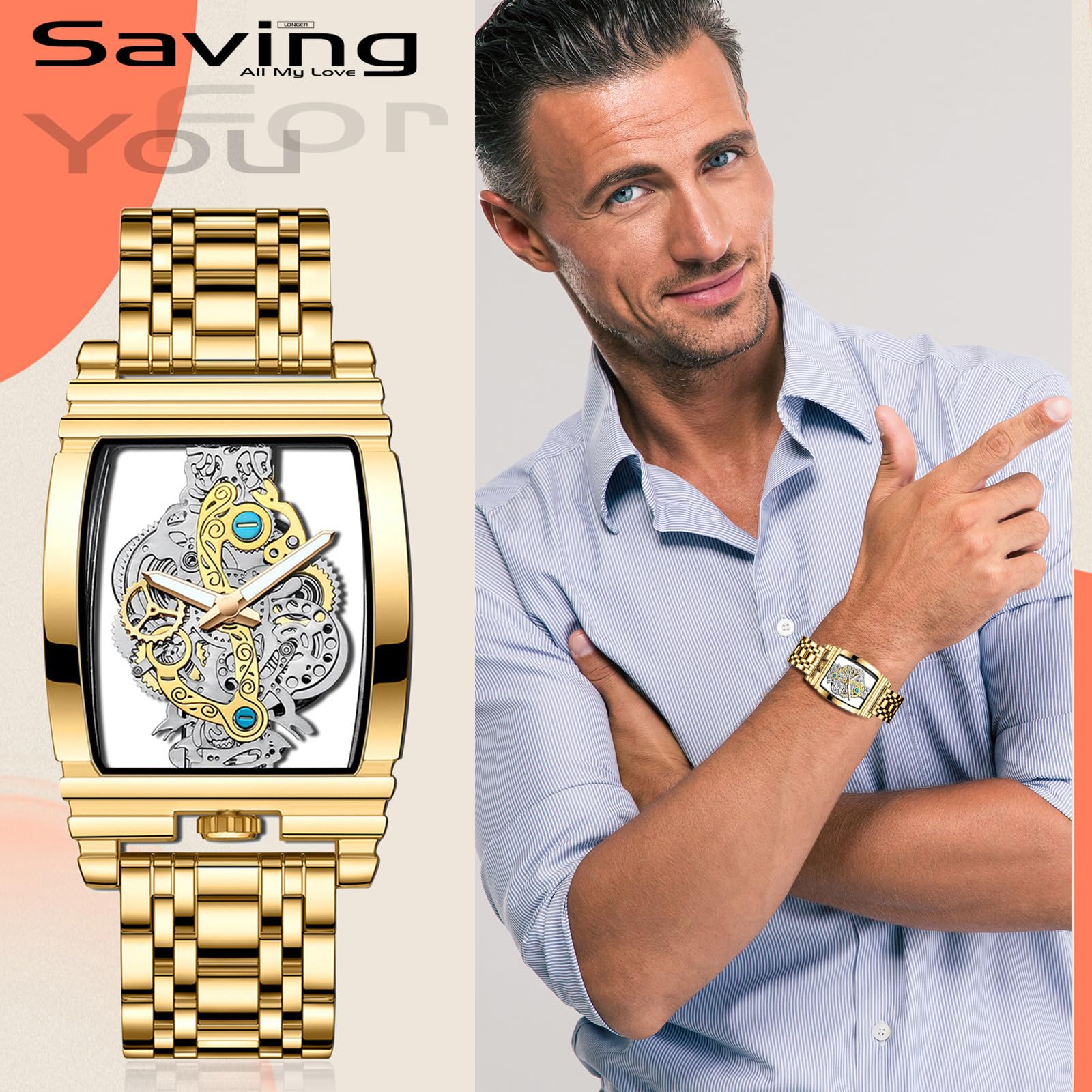 Analog Quartz Wristwatch Tonneau Case Stainless Steel Bracelet Waterproof - Two-Tone