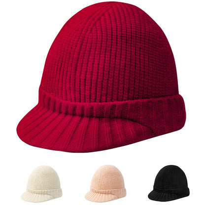 Winter Knit Beanie with Visor Loose Warm Snow Ski Hat – One Size