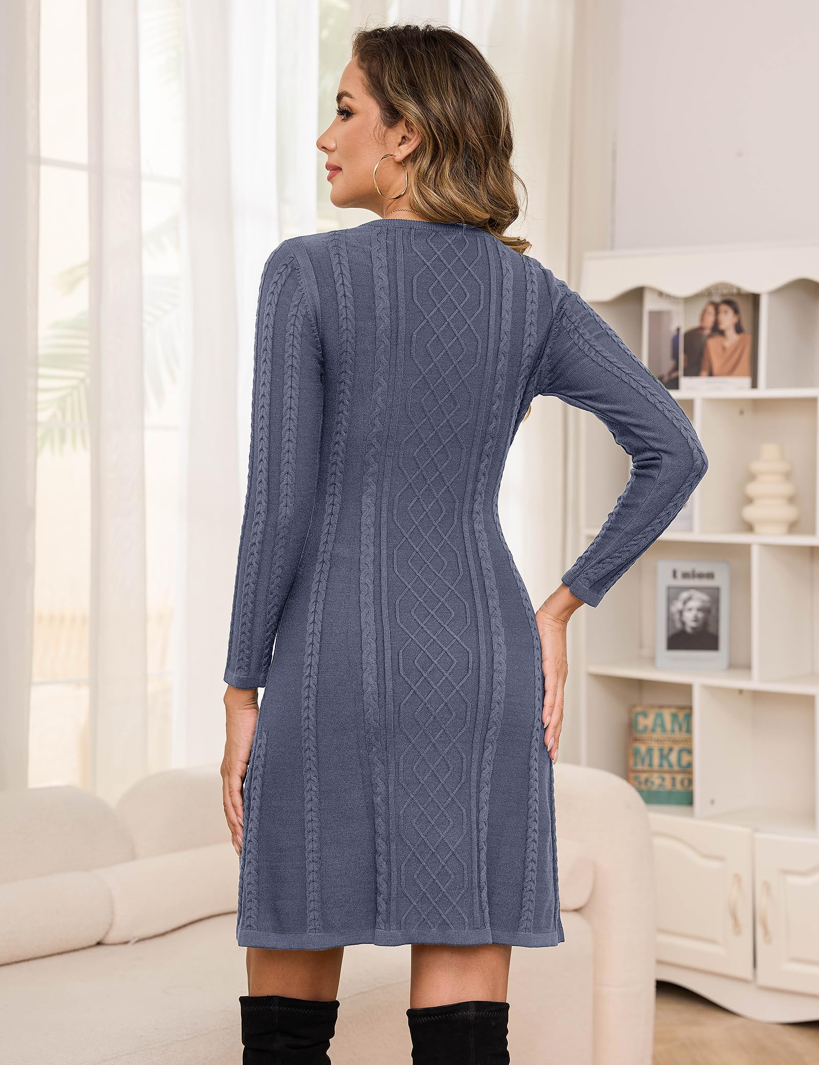 Women's A-Line Long Sleeve Knit Sweater Dress Round Neck - Grey-Blue S