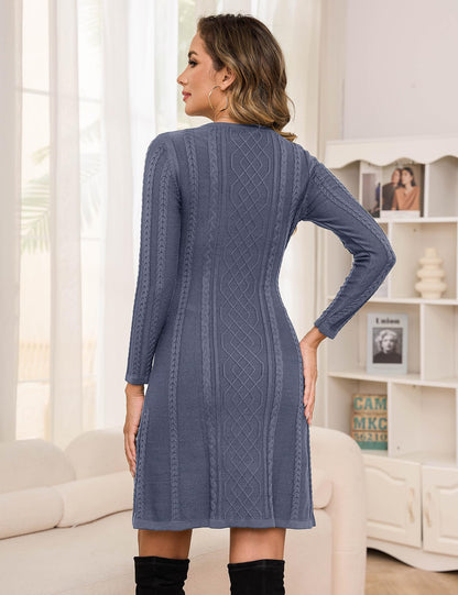 Women's A-Line Long Sleeve Knit Sweater Dress Round Neck - Grey-Blue S