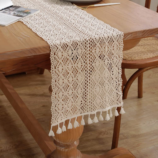 Crochet Lace Table Runner 26x220cm Vintage Wedding Dining Decoration – Beige