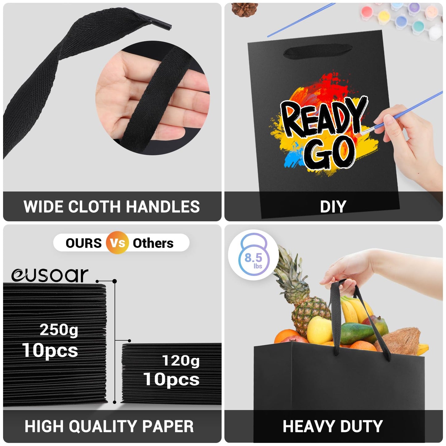EUSOAR Gift Bags Black - 20 Pieces 250GSM Thickened Kraft Paper Gift Bag - M 20x10x28cm Paper Bags with Handle - Carrying Bag