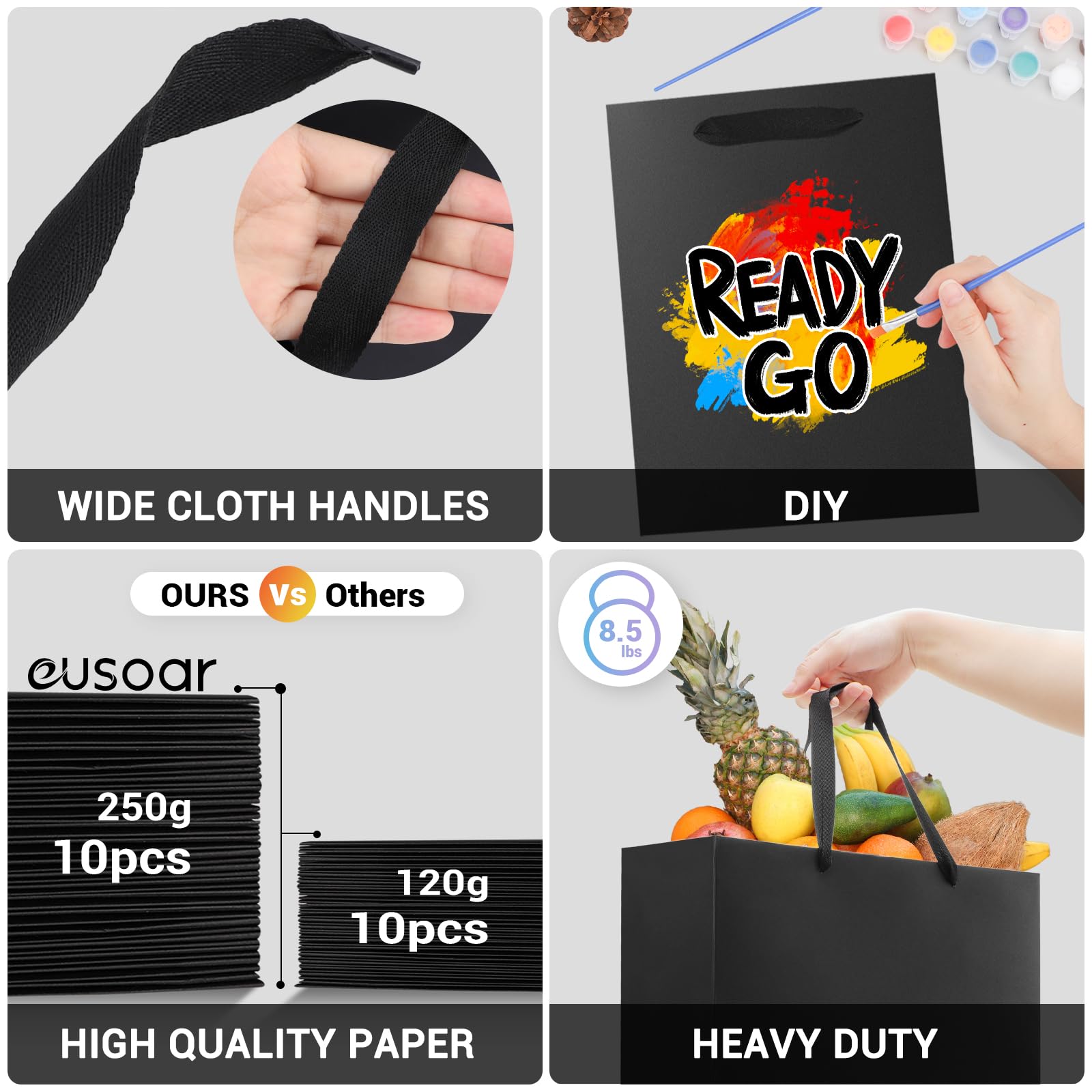EUSOAR Gift Bags Black - 20 Pieces 250GSM Thickened Kraft Paper Gift Bag - M 20x10x28cm Paper Bags with Handle - Carrying Bag