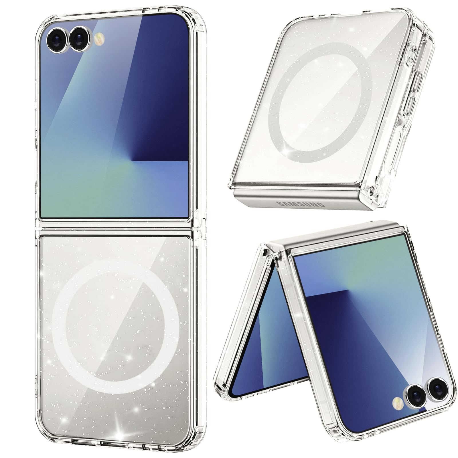 Samsung Galaxy Z Flip7 Glitter Shockproof Case Compatible with MagSafe Non-Yellowing – Clear