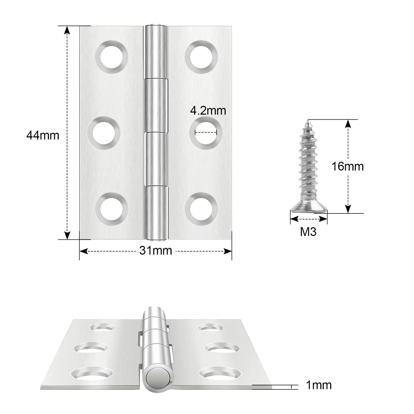 Stainless Steel Door Hinges for Wooden Doors with 60 Screws – 44mm x 31mm, 10 Pieces