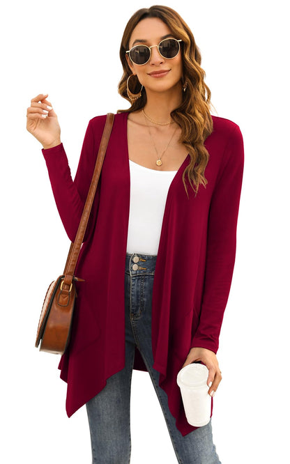 Women's Knit Kimono Cardigan Long Sleeve Lightweight with Pockets High-Low Drape – Wine Red M