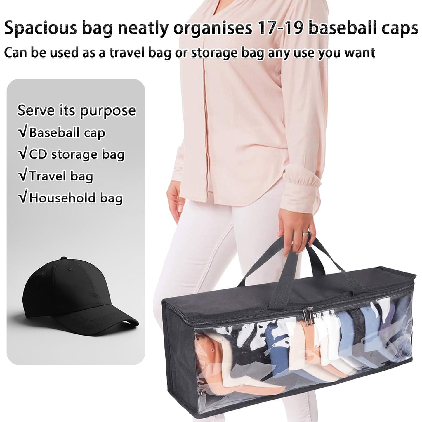 Baseball Cap Storage Organizer Transparent Dustproof Bag Holds 40 Hats – Clear