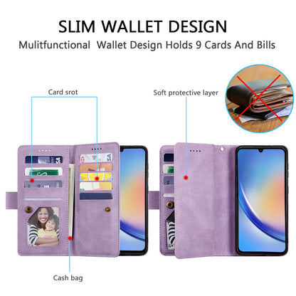 Samsung Galaxy S26+ PU Leather Zipper Wallet Case 9 Card Slots Stand Strap – Purple