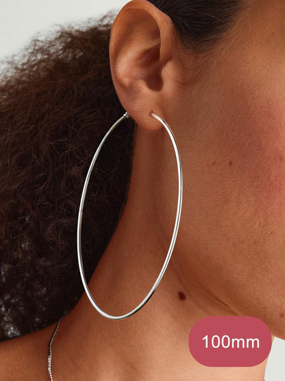 100mm Hoop Earrings Large Round Silver-Coloured – Elegant for Women