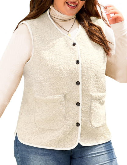 Women's Teddy Fleece Vest V-Neck Sleeveless Button Pockets Machine Washable – Black XXL