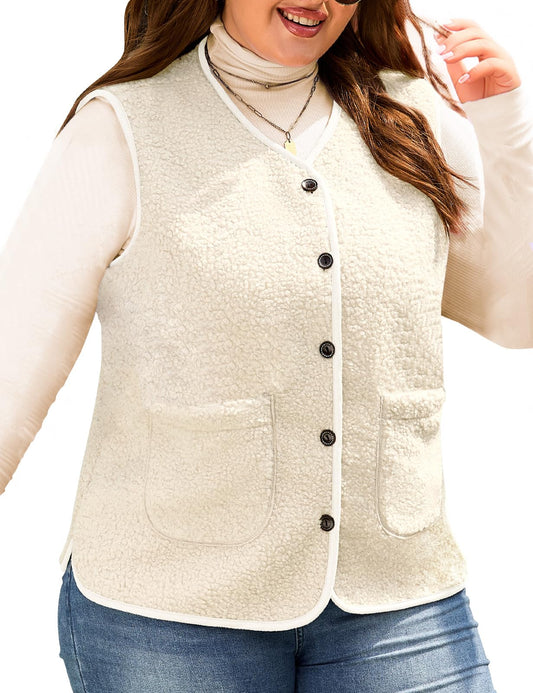 Women's Teddy Fleece Vest V-Neck Sleeveless Button Pockets Machine Washable – Black XXL