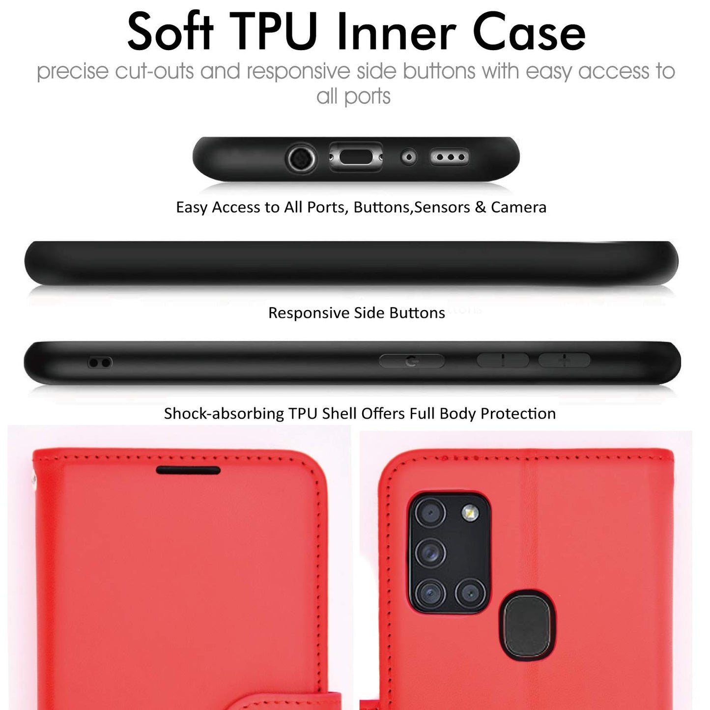 Samsung Galaxy A21s Leather Wallet Case with Card Slots & Wrist Strap – Red