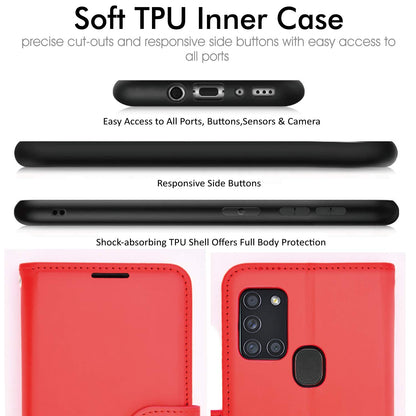 Samsung Galaxy A21s Leather Wallet Case with Card Slots & Wrist Strap – Red