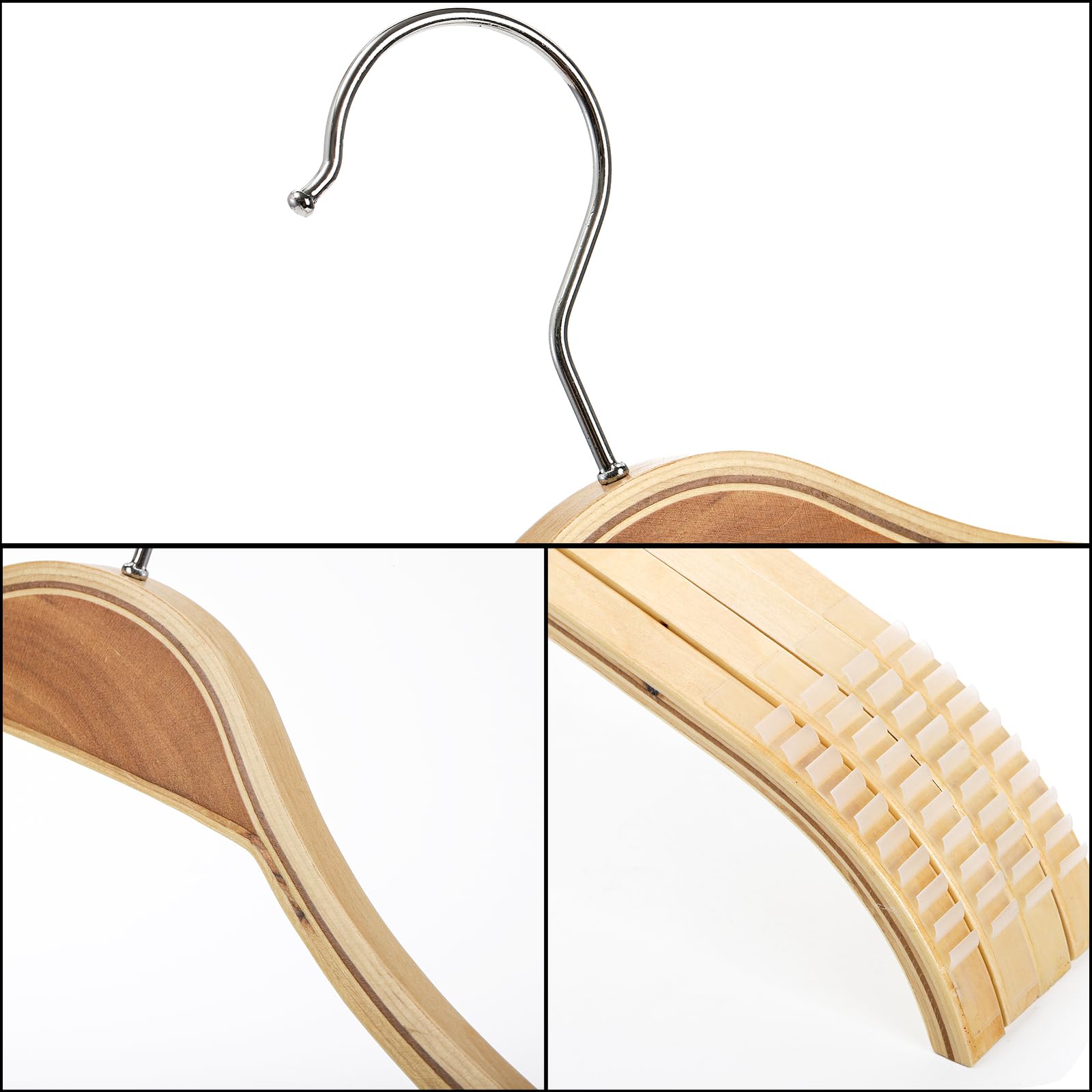 Tebery Pack of 12 wooden coat hangers, non-slip, space-saving wardrobe hangers for trousers, skirts, shirts, suits, 360°
