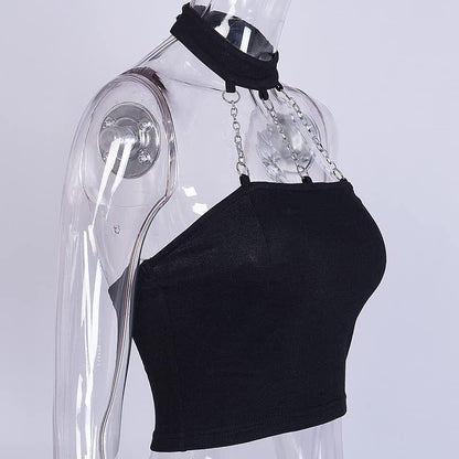 Punk Chain Cropped Halter Tank Top Choker Buckle Gothic Clubwear