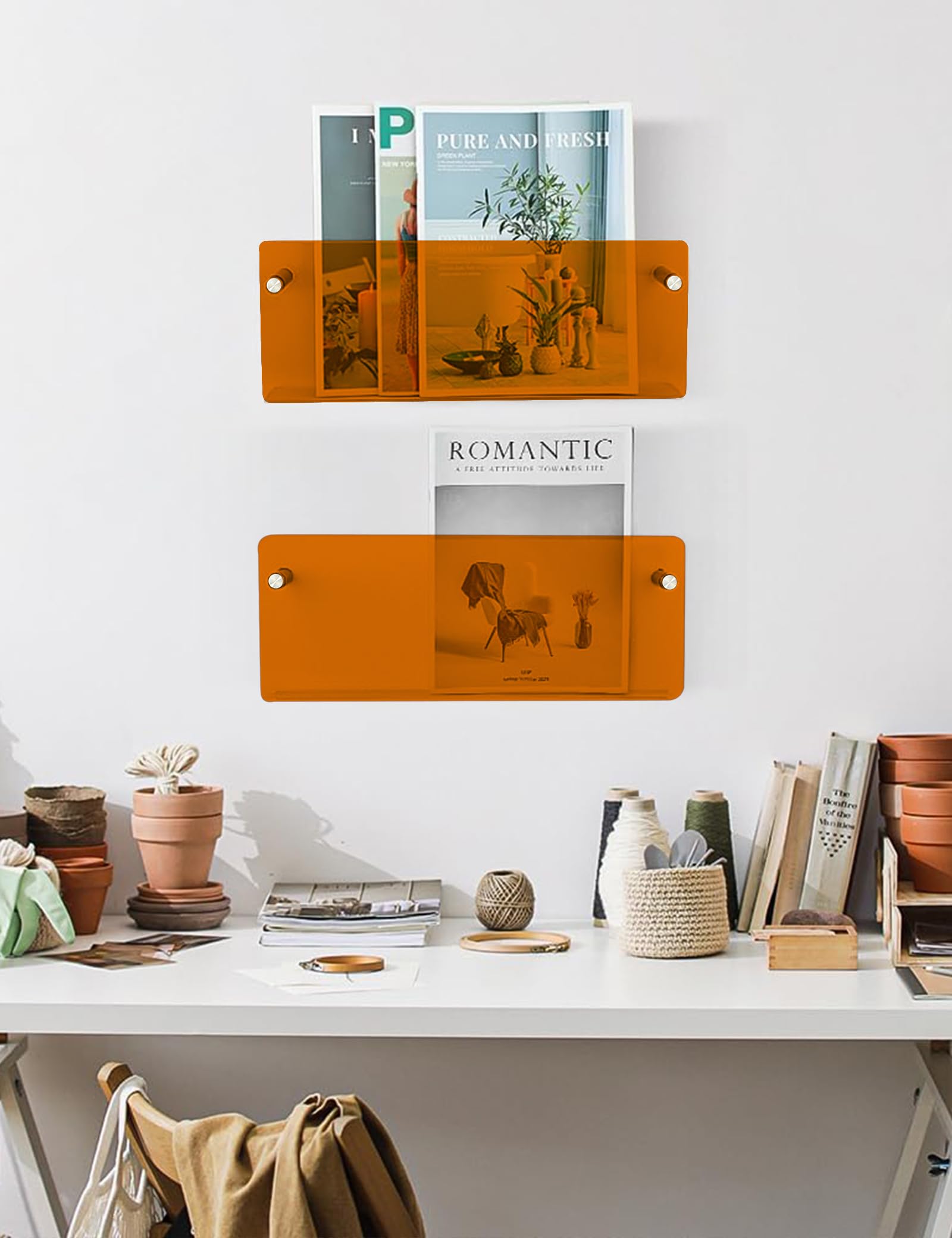 Gwezmxs Modern Newspaper Rack, Acrylic Wall Bookshelf, Orange, Pack of 2, 40 x 15 cm