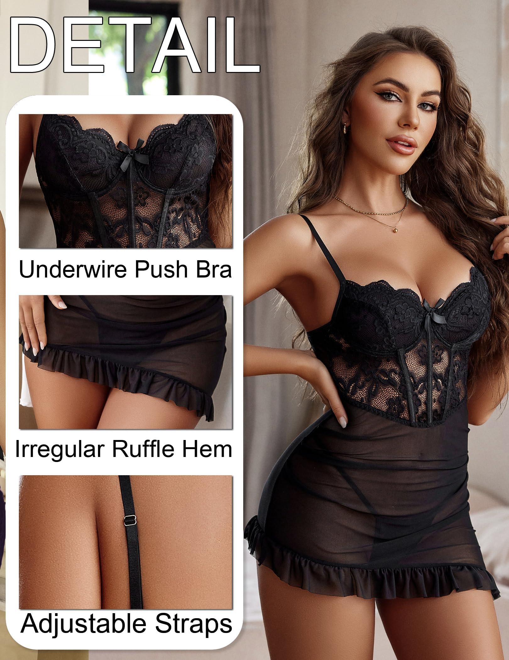 Avidlove Women's Sexy Body Elegant Dress Lace Lingerie Set Sexy Underwear Short Nightdress Mesh Babydoll Push Up Bra with