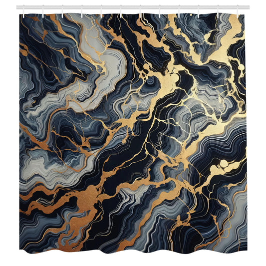Fabric Shower Curtain 175 x 200cm Marble Effect with Golden Lines Modern Abstract – Slate Blue / Grey / Ginger