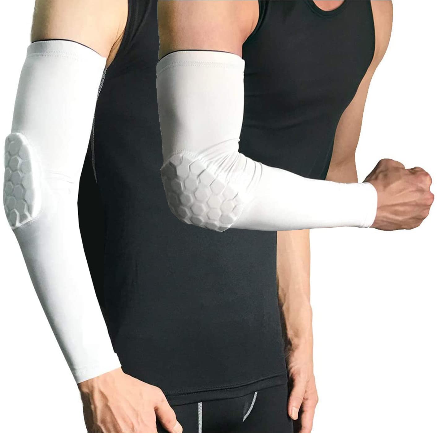 Basketball Elbow Guards Padded Compression Sleeves 2-Pack Protective – White XL
