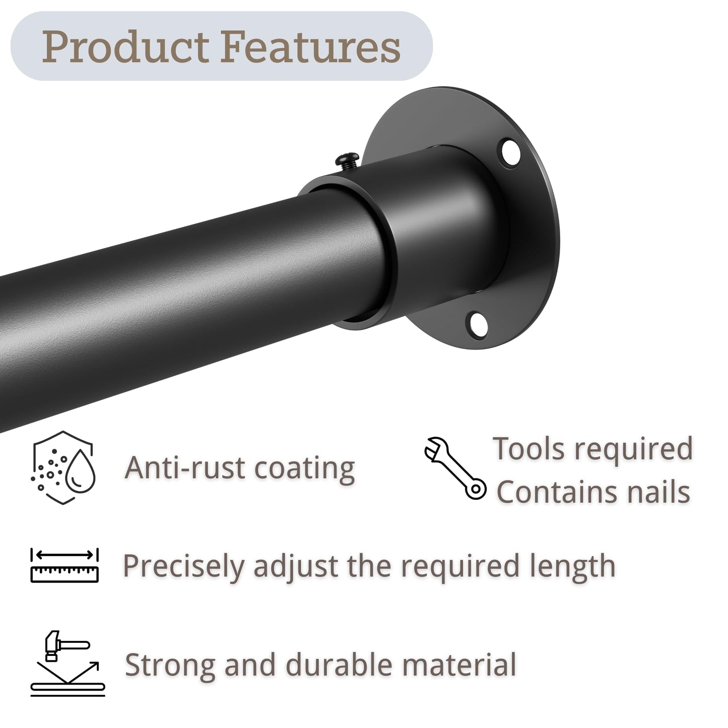 Adjustable Stainless Steel Wardrobe Rod 45–66cm Diameter 25mm – Black
