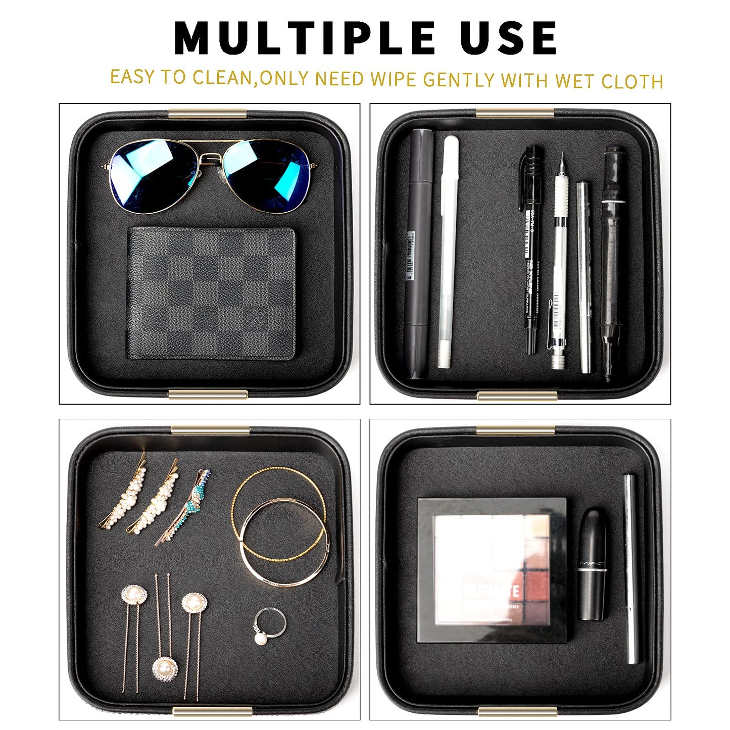 Luxury Leather Key & Valet Tray Gold Plated Metal Accent – Black