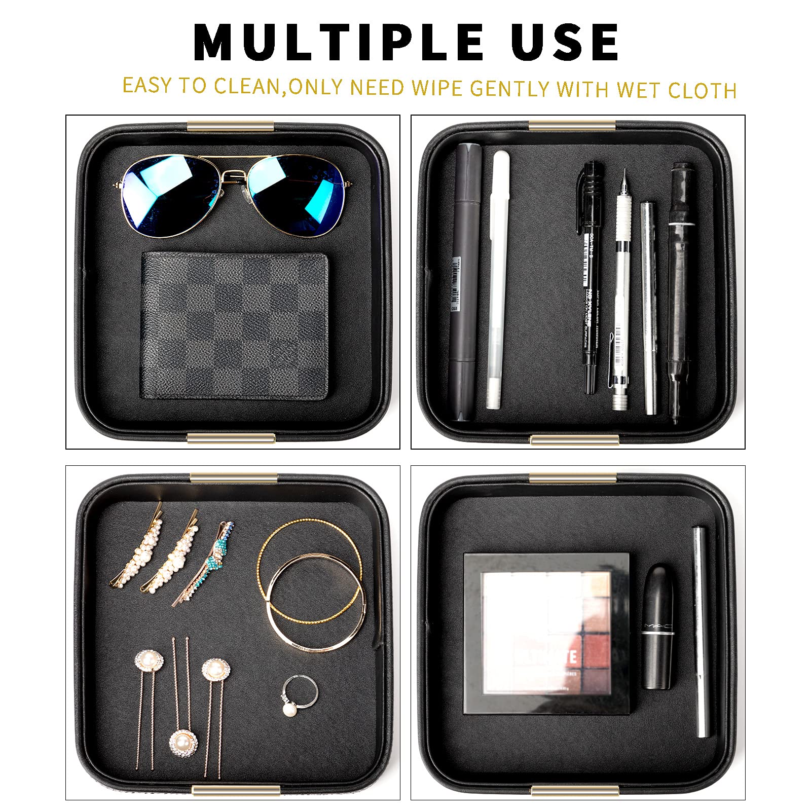 Luxury Leather Key & Valet Tray Gold Plated Metal Accent – Black