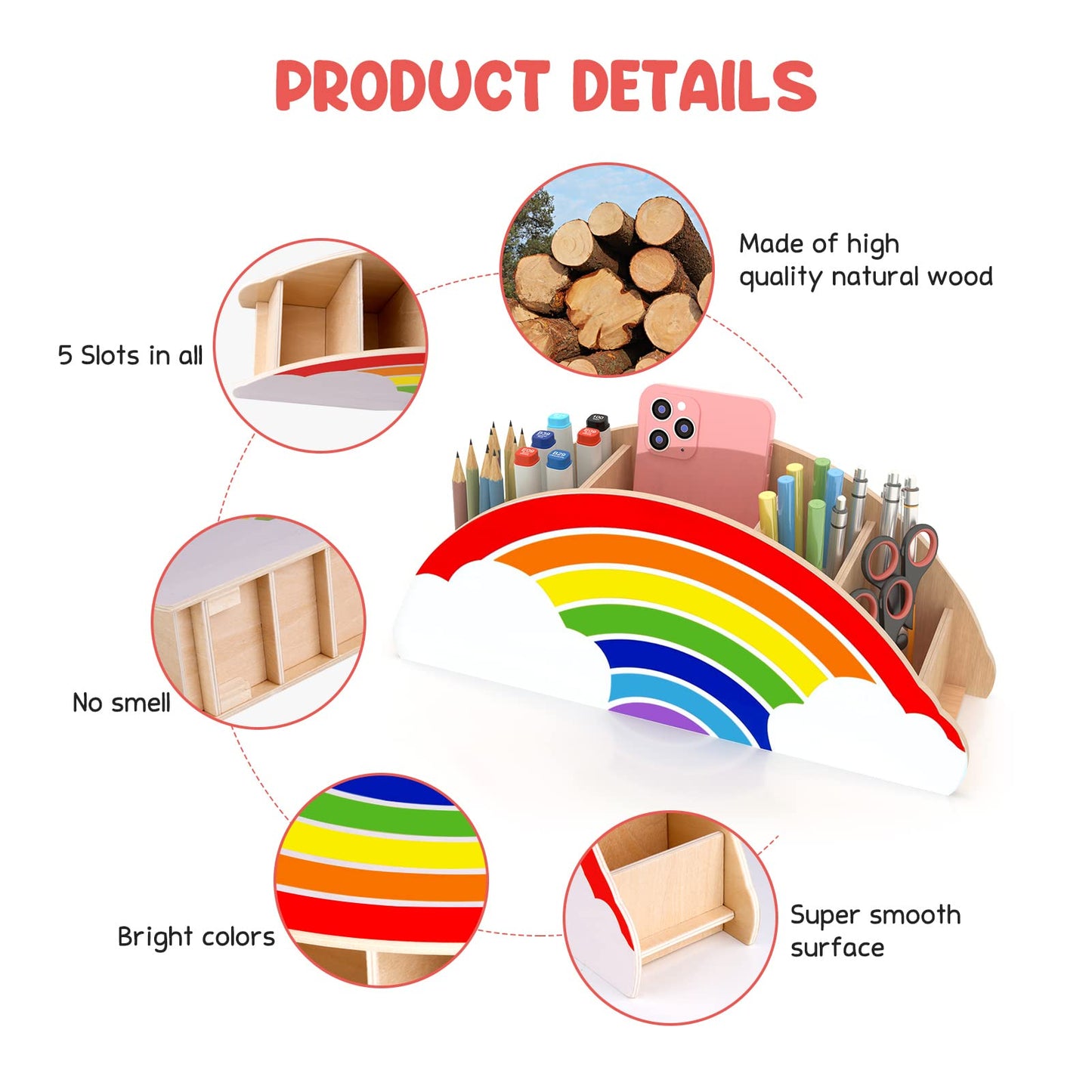 Gamenote Wooden Desk Organizer, Rainbow Pencil Holder/Pen Holder/Table Organizer/Multifunctional Organizer for Kids Office