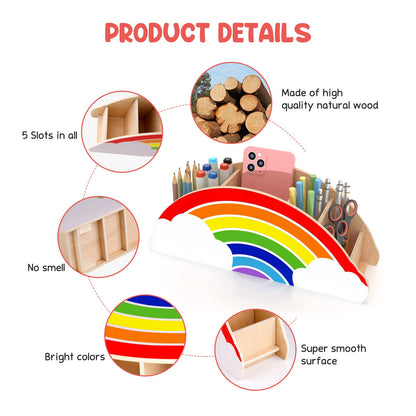 Gamenote Wooden Desk Organizer, Rainbow Pencil Holder/Pen Holder/Table Organizer/Multifunctional Organizer for Kids Office