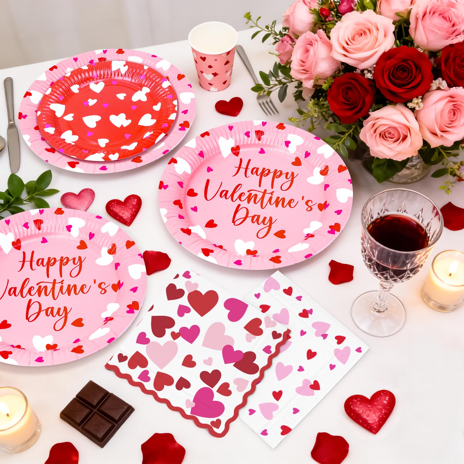 Valentine Tableware Set Plates Cups Napkins for 24 People – Red/Pink 24pc