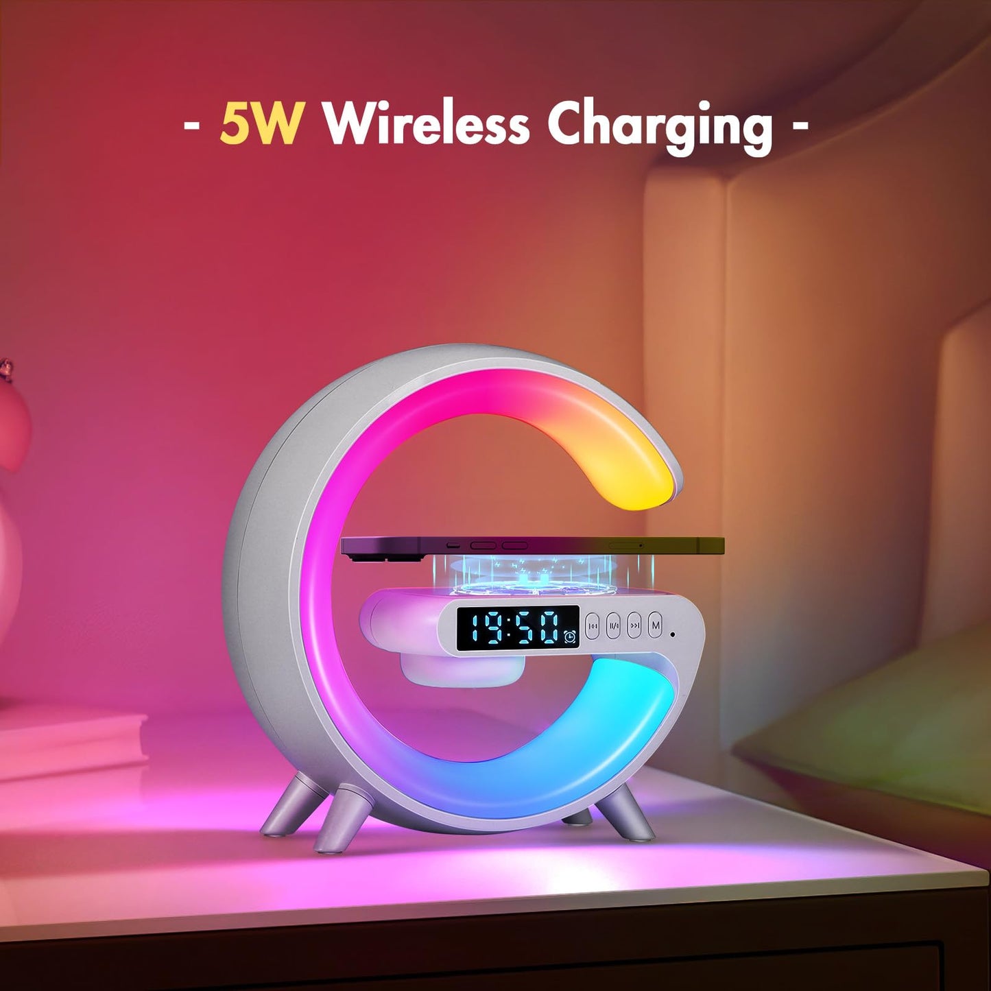 Smart LED Bedside Lamp Wireless Charger Bluetooth Speaker Dimmable - One Size