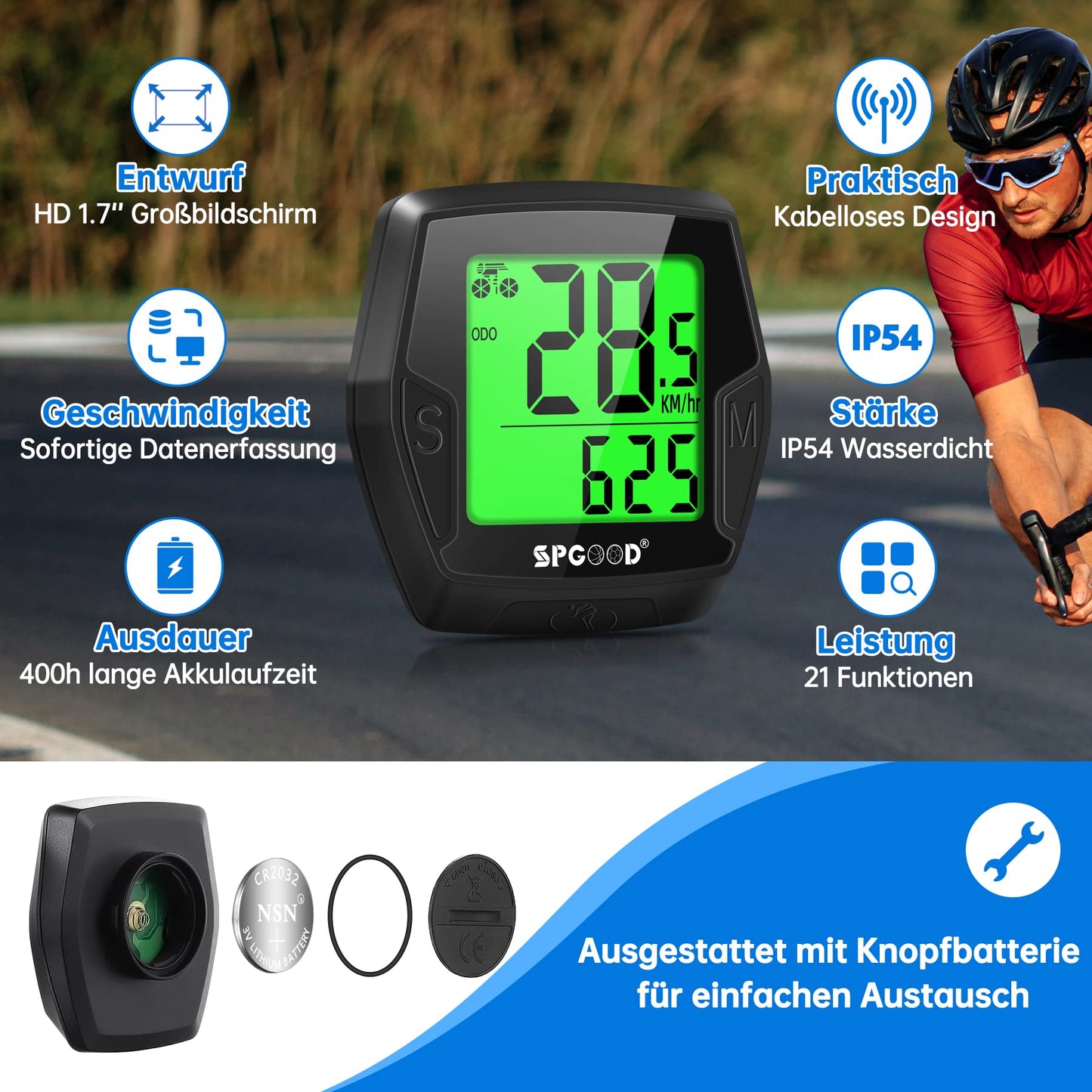 SPGOOD Wireless Bike Computer, 21 Functions, IP54 Waterproof with Backlit Display, Automatic Start/Stop & Automatic Memory,