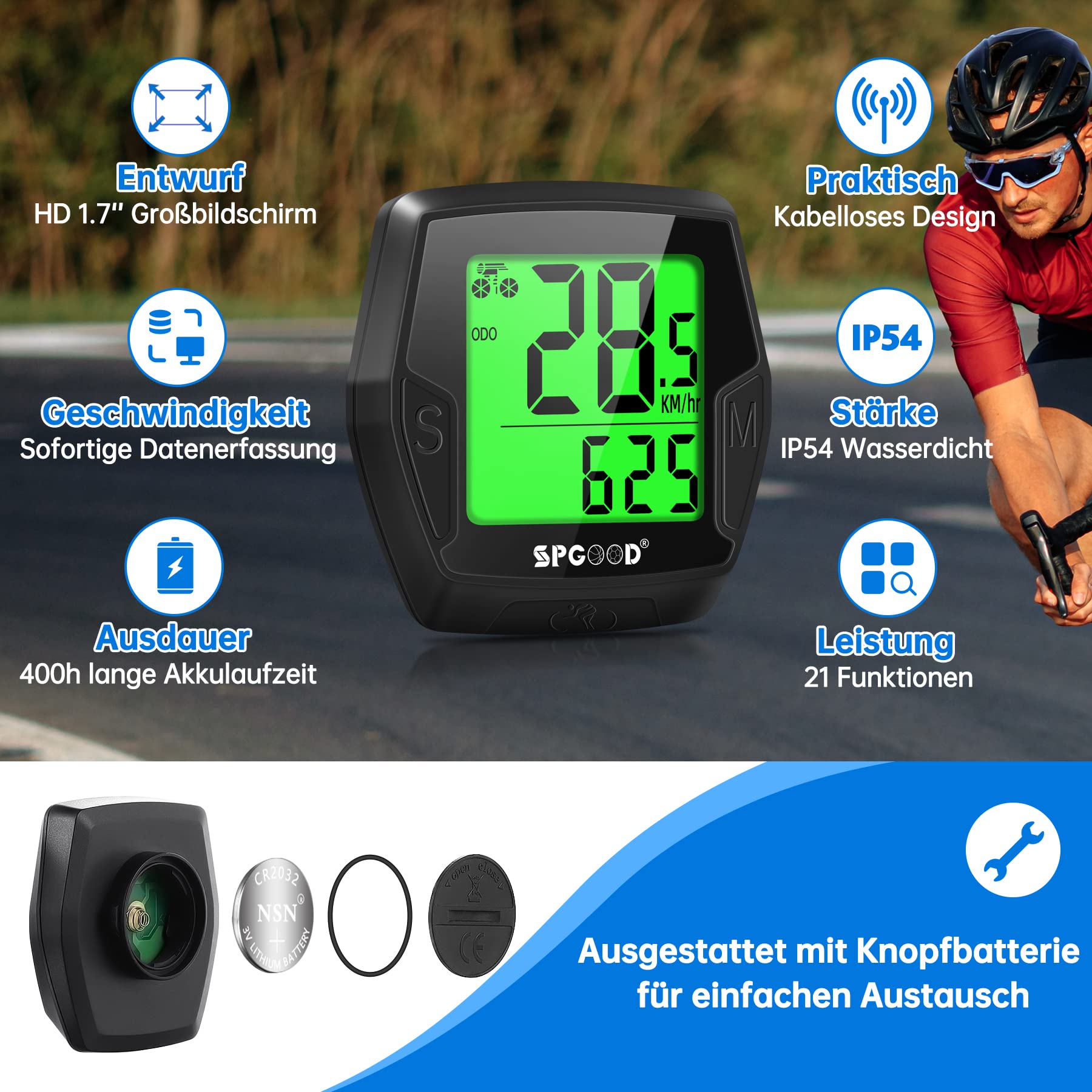 SPGOOD Wireless Bike Computer, 21 Functions, IP54 Waterproof with Backlit Display, Automatic Start/Stop & Automatic Memory,