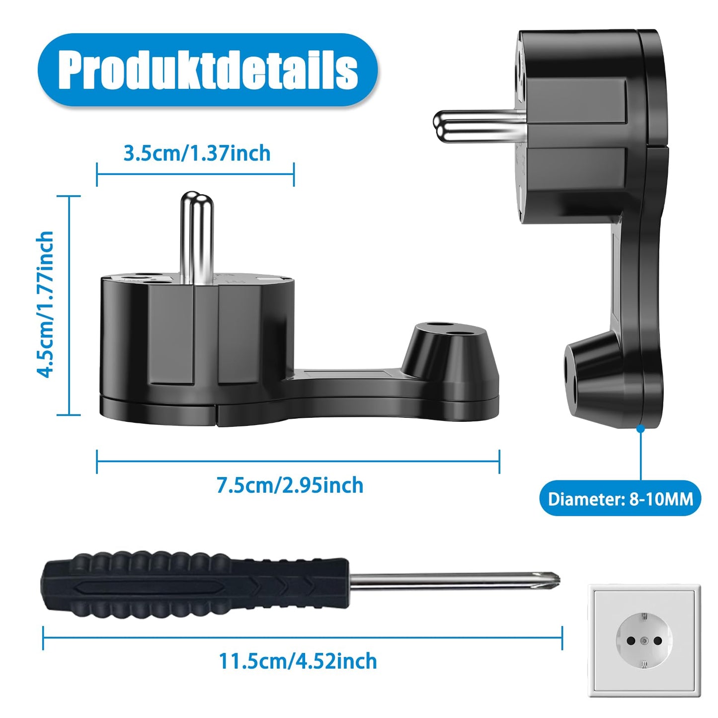 Extra-Flat Angled Schuko Plug 2-Pack 16A 250V Folding Handle for 3x1.5mm² Cables – Black